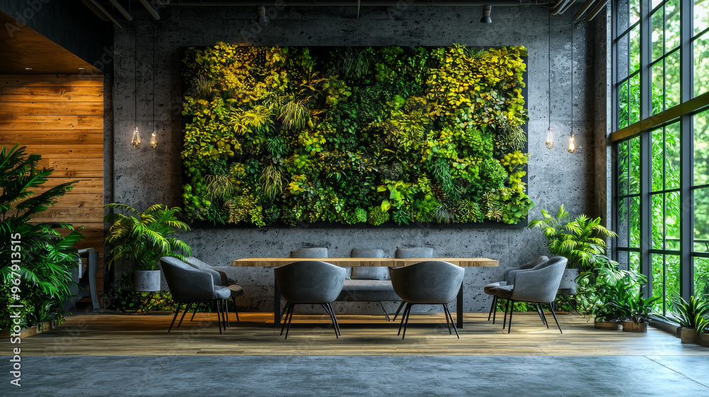 A modern dining space with a green wall, wooden table, and grey chairs. A modern dining space with a green wall, wooden table, and grey chairs.