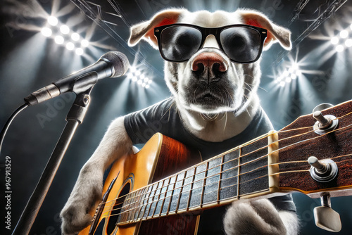 A dog wearing sunglasses and a black t-shirt, playing an acoustic guitar and singing into a microphone under bright stage lights, creating a rockstar musician vibe.