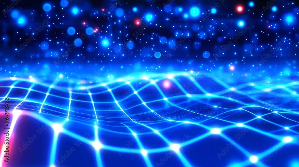 Fototapeta premium Abstract glowing blue grid with light particles