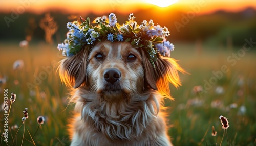 Dog adorned with floral wreath in sunlit meadow during Midsummer celebration, embodying the spirit of Slavic pagan traditions and witchcore aesthetics photo