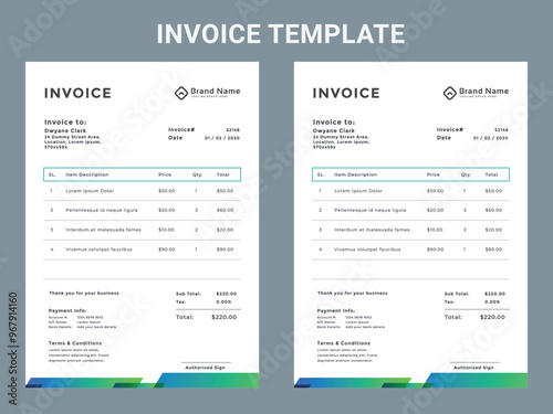 Modern style gradient technology company invoice design template in blue red orange. This cash memo price list for order expense is used for accounting bookkeeping finance business as money receipt.