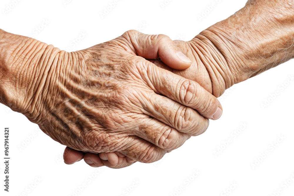 Fototapeta premium High-quality stock photograph, capturing an aged hand, solitary on a white backdrop, full body view, isolated, centered, showing every wrinkle and line of life lived