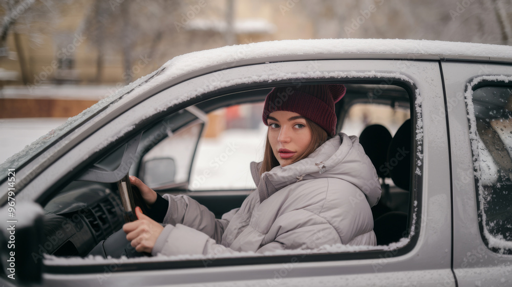 Woman wearing a maroon beanie and gray jacket, sitting in a car covered in snow. Outdoor winter scene, concept of traveling in winter weather. Woman wearing a maroon beanie and gray jacket, sitting in a car covered in snow. Outdoor winter scene, concept of traveling in winter weather.