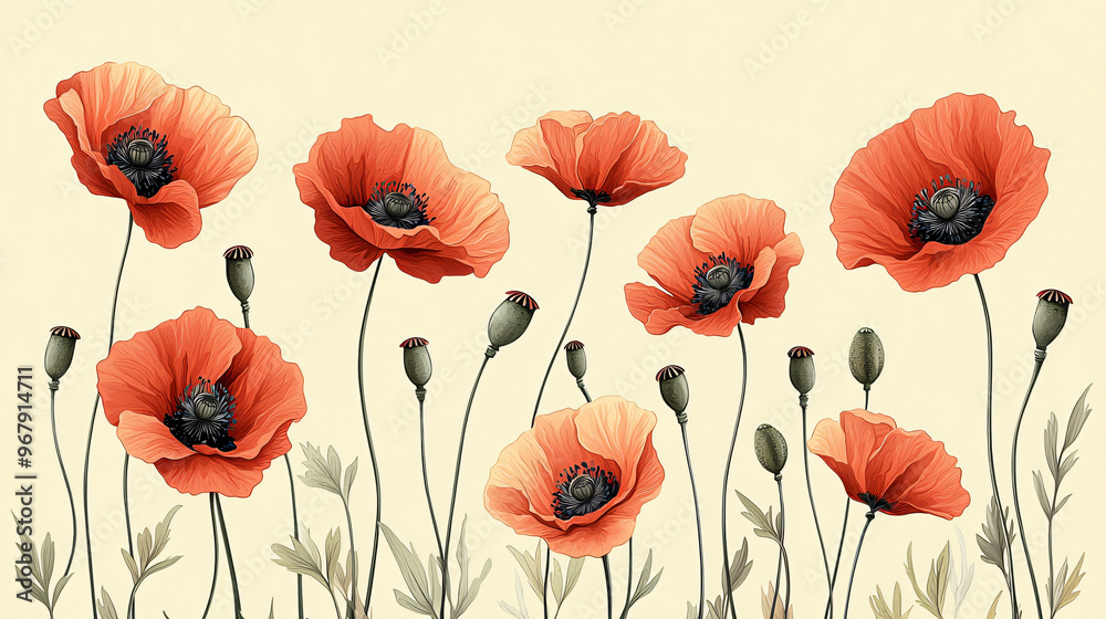 Fototapeta premium Seamless Pattern of Poppies with Bold Red Petals and Green Leaves for Decorative Art