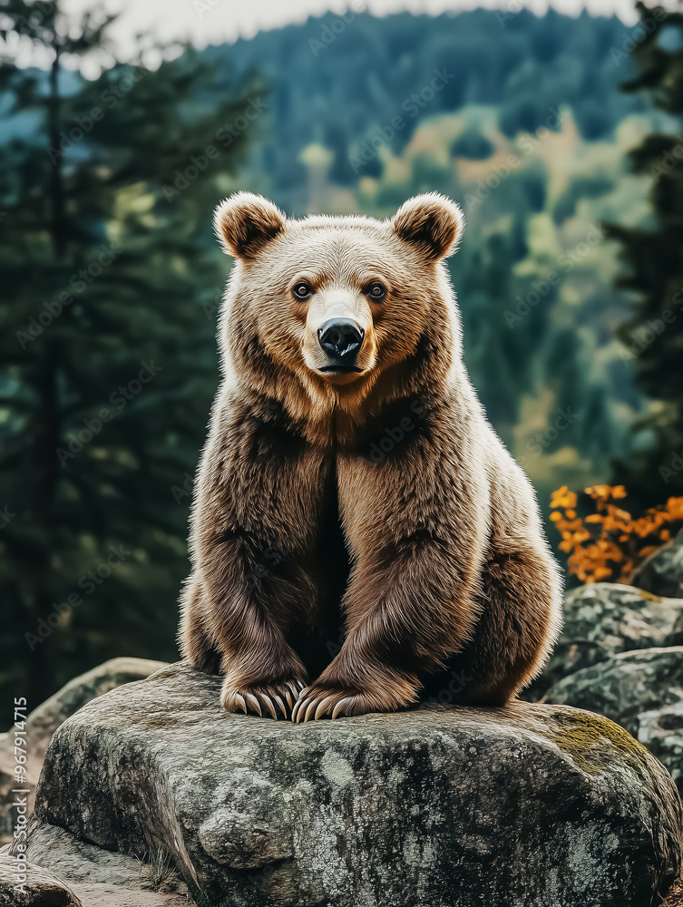 Obraz premium A serene portrait of a bear in its natural habitat, ideal for wildlife awareness campaigns and nature-themed decor.