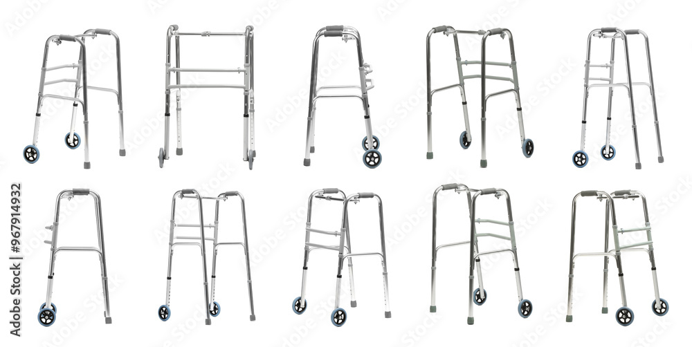 Naklejka premium Walking frame isolated on white, collage. Different sides view