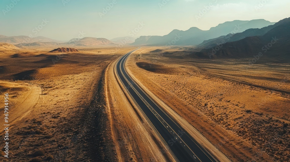 Fototapeta premium Aerial view of a long, winding road through a vast desert landscape under a clear sky.