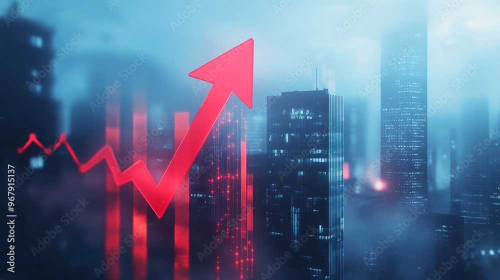 Rising financial growth graph over modern city skyline at night. The concept of rising real estate prices Rising financial growth graph over modern city skyline at night. The concept of rising real estate prices