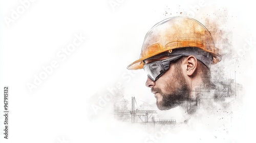 Profile of a construction worker in a helmet and goggles, symbolizing safety and diligence in an industrial environment. photo