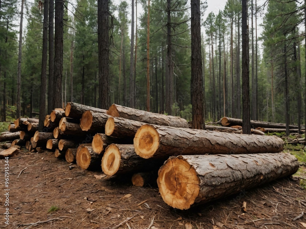Pile of brown pine logs scattered on the forest floor, showcasing rustic charm. Pile of brown pine logs scattered on the forest floor, showcasing rustic charm.