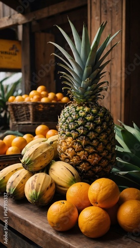 Pineapples, oranges, and bananas displayed on a wooden table at a fruit stand.