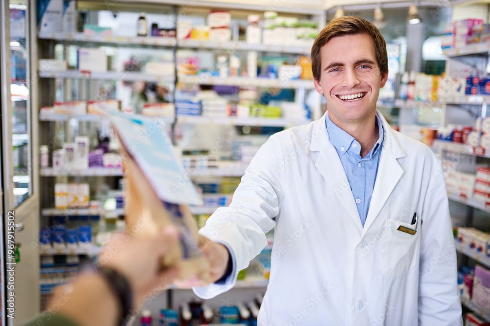 Man portrait, pharmacist hands and bag for prescription drugs at dispensary, customer and treatment. Person, antibiotics and over the counter medication at apothecary, tablets and medicine parcel Man portrait, pharmacist hands and bag for prescription drugs at dispensary, customer and treatment. Person, antibiotics and over the counter medication at apothecary, tablets and medicine parcel