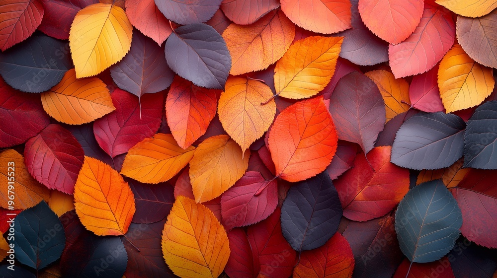 A beautiful collection of autumn leaves in shades of orange, red, and blue, creating a textured and vibrant pattern. A beautiful collection of autumn leaves in shades of orange, red, and blue, creating a textured and vibrant pattern.