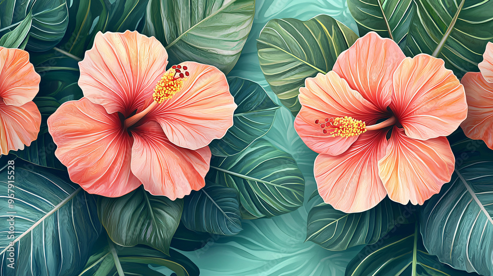 custom made wallpaper toronto digitalStylish Seamless Hibiscus Pattern with Bright Orange Petals and Green Leaves for Decorative Use