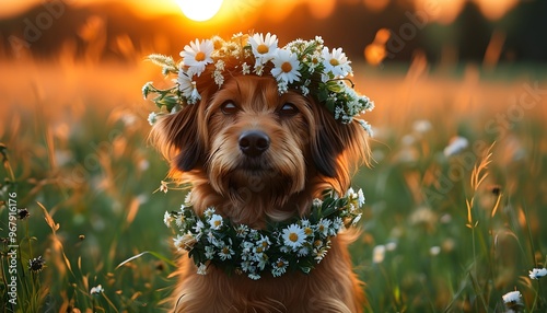 Dog adorned with floral wreath in sunlit meadow during Midsummer celebration, embodying the spirit of Slavic pagan traditions and witchcore aesthetics photo