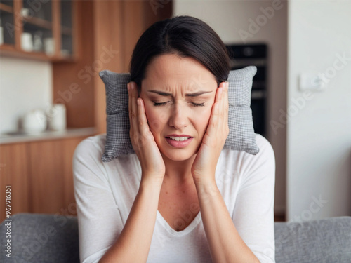 A woman in a bright kitchen presses small cushions against her ears, her face showing discomfort or stress. Dealing with intrusive sounds in a home environment. photo