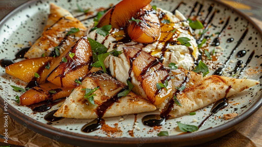 An inviting plate featuring fluffy whipped ricotta, topped with succulent roasted peaches and served with crunchy pita slices. Artistically drizzled with balsamic reduction and garnished with vibrant An inviting plate featuring fluffy whipped ricotta, topped with succulent roasted peaches and served with crunchy pita slices. Artistically drizzled with balsamic reduction and garnished with vibrant