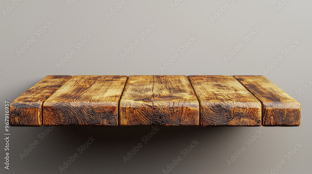 Rustic wooden shelf against a light gray background. Rustic wooden shelf against a light gray background.