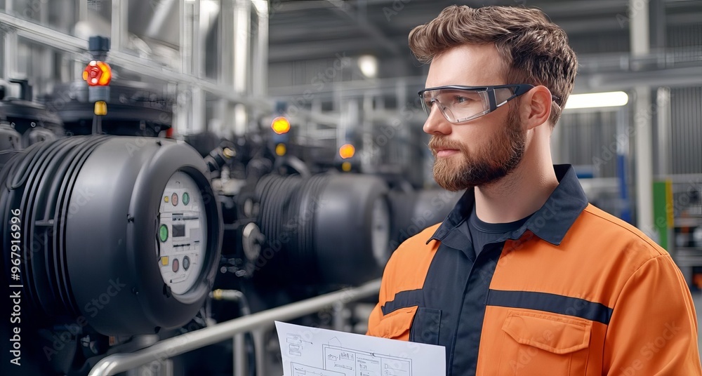 Engineer on-site analyzing flowcharts beside industrial compressors, with control gauges, indicator lights, and safety railings in a high-tech environment Engineer on-site analyzing flowcharts beside industrial compressors, with control gauges, indicator lights, and safety railings in a high-tech environment
