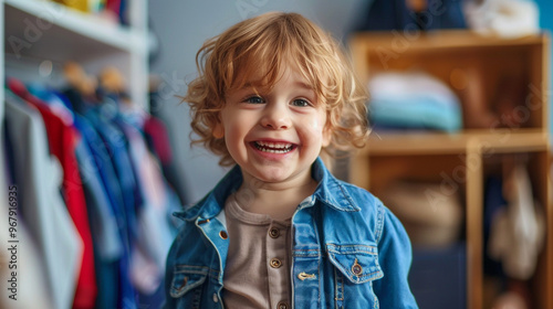 A child wearing adult-sized clothes, standing confidently with a mischievous grin as they play dress-up.