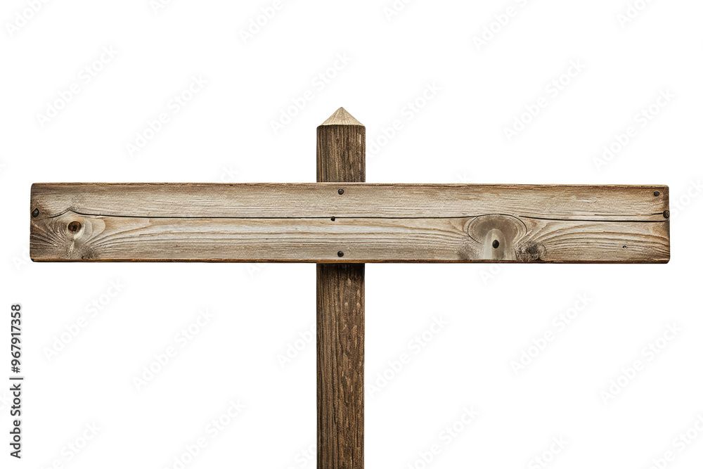 Fototapeta premium Stock photograph, single empty wooden signpost, center-aligned, isolated, floating against a pure white background, showcasing full-body perspective, natural wood grain texture, high resolution