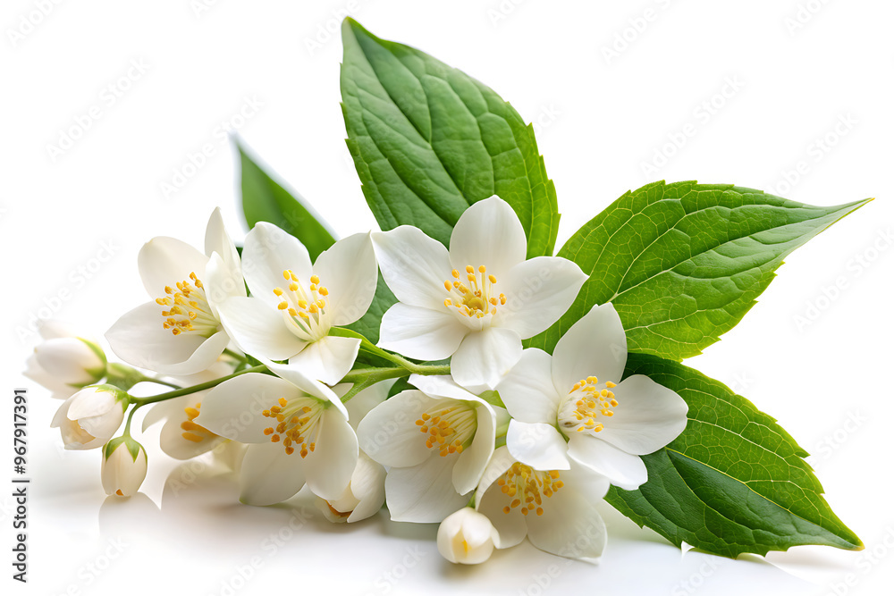Obraz premium The white jasmine flowers, showcases the delicate petals, leaves, and blossoms of the jasmine plant, on white background