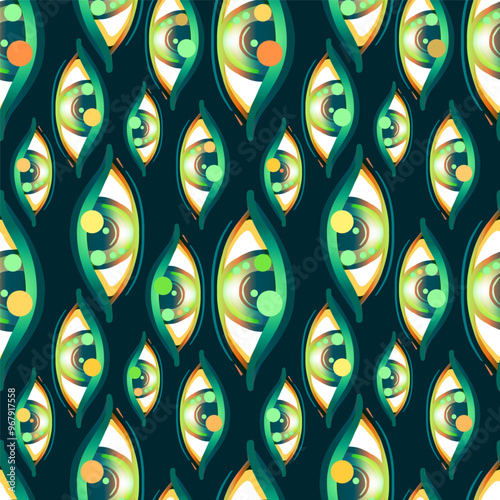 Eyes, seamless pattern over colorful dotted retro 80s, 90s abstract backgroun...