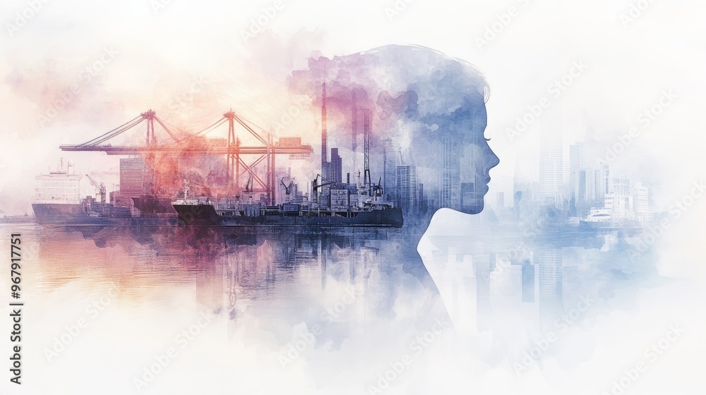 Fototapeta premium A creative double exposure of a silhouette and a busy port scene, blending industry and humanity in a stunning visual narrative.
