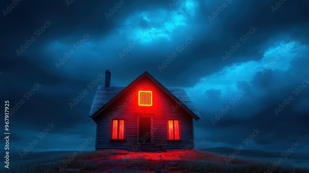 A mysterious house illuminated by red lights against a dark, stormy sky, creating an eerie and captivating atmosphere. A mysterious house illuminated by red lights against a dark, stormy sky, creating an eerie and captivating atmosphere.