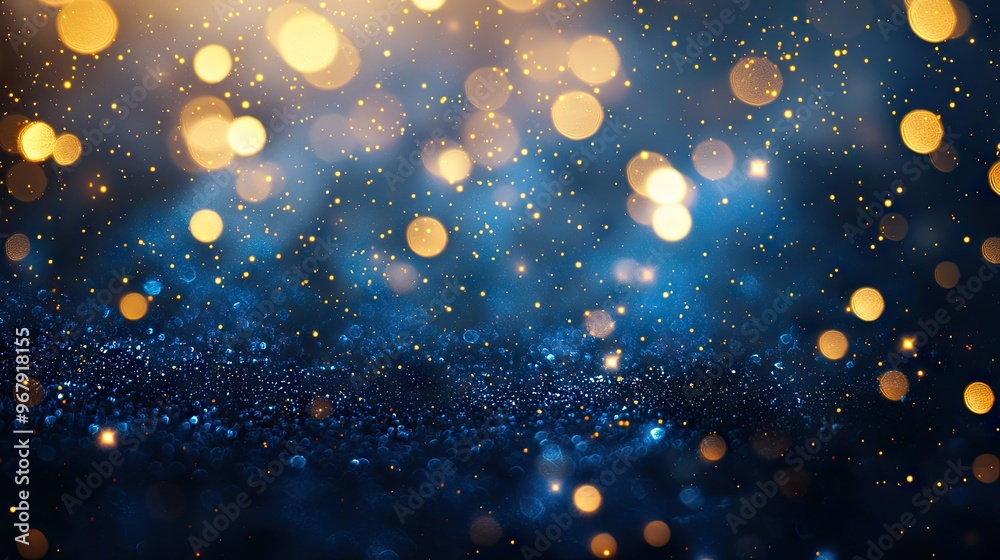 Abstract blue and gold light bokeh background with glow effect, night lights and stars for luxury christmas or new year celebration concept design Abstract blue and gold light bokeh background with glow effect, night lights and stars for luxury christmas or new year celebration concept design