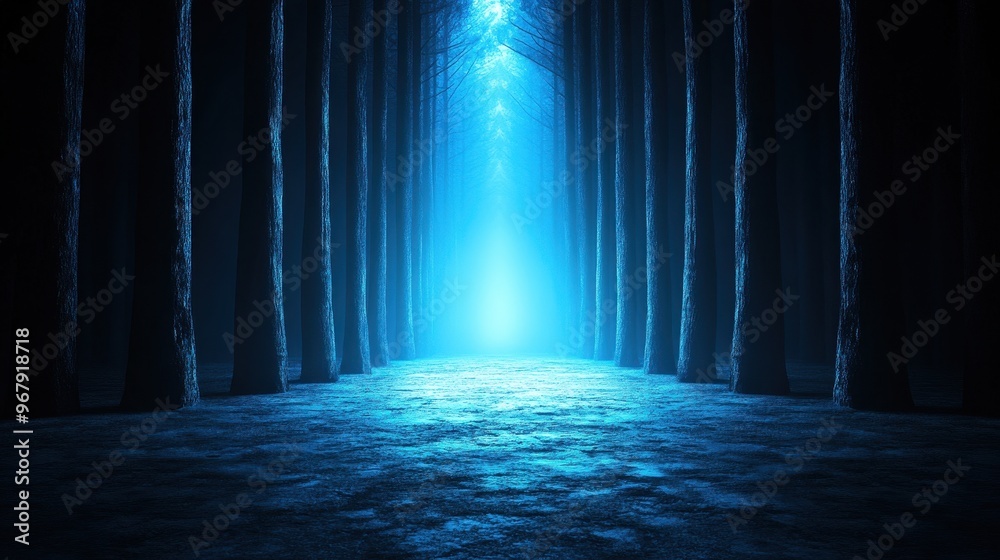 Fototapeta premium A mystical underwater scene illuminated by ethereal light, surrounded by dark silhouettes of trees and serene water reflections.