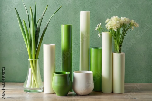 svelte and slender stems with smooth and matte surfaces in various shades of green and creamy ivory conveying modern and minimalist style