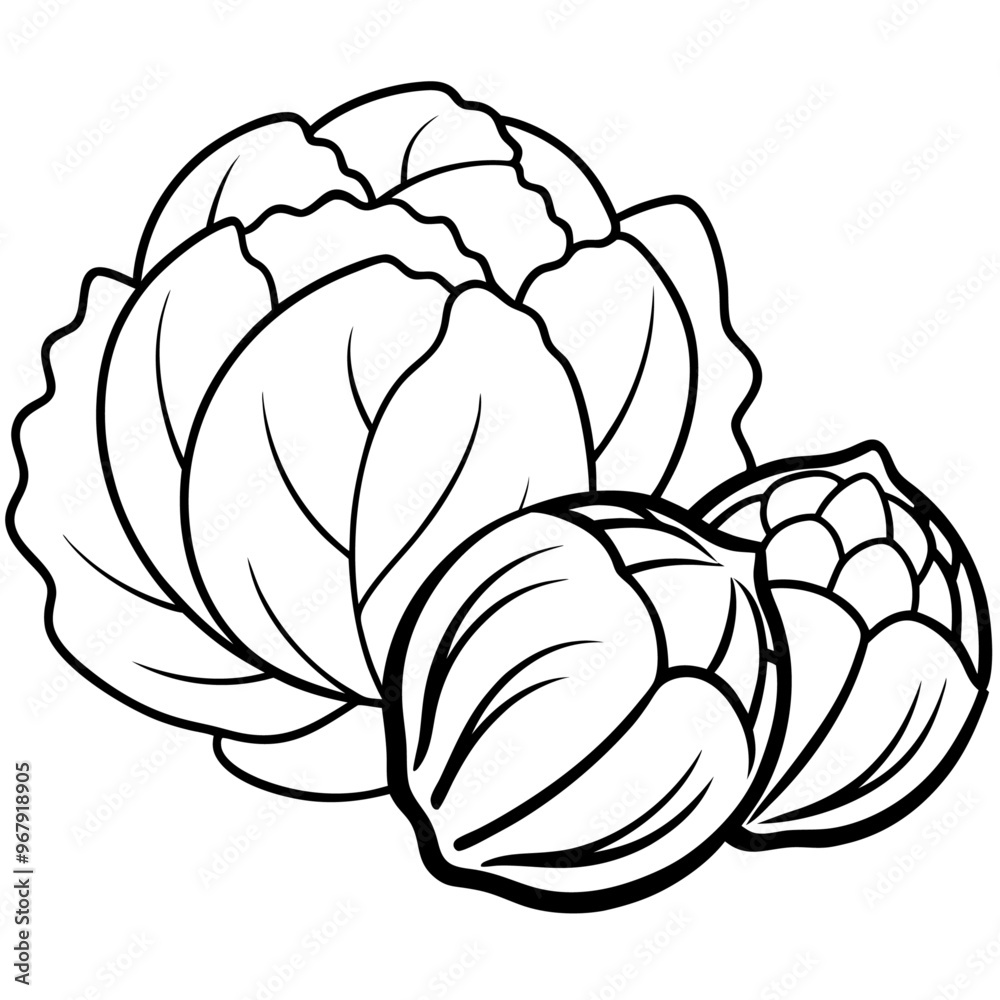 Obraz premium brussels sprouts cabbage zucchini vegetables outline coloring book page line art illustration digital drawing
