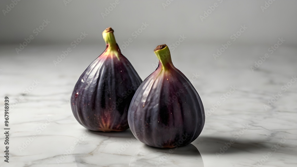 Obraz premium Two Fresh Purple Figs Displayed on a Marble Surface