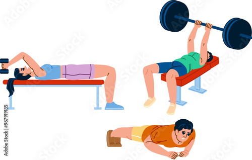 chinup fitness exercises arm vector. press extension, stretch lift, row swing chinup fitness exercises arm character. people flat cartoon illustration