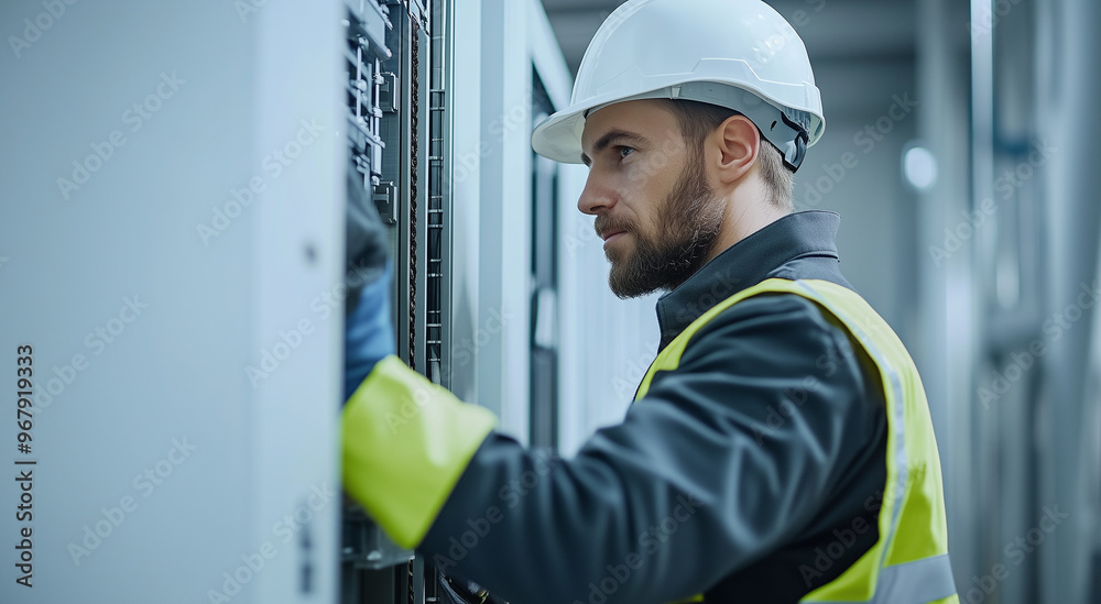 A man in a yellow vest and a white hat is working on a machine A man in a yellow vest and a white hat is working on a machine
