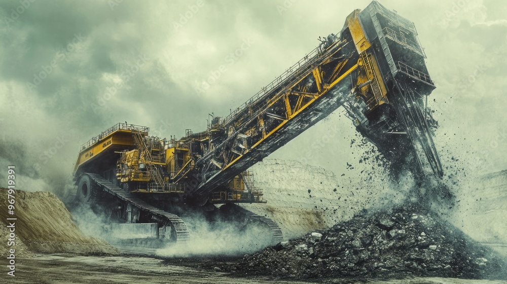 Yellow Mining Excavator Loading Coal into a Pile Yellow Mining Excavator Loading Coal into a Pile