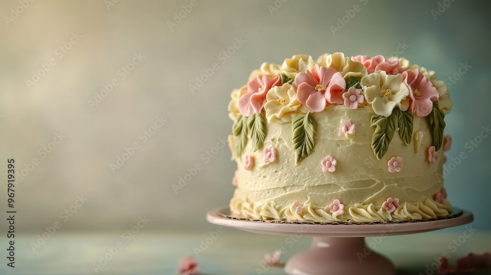 An exquisite cake topped with velvety cream cheese frosting and adorable fondant flowers, set against a neutral, light backdrop, with studio lighting An exquisite cake topped with velvety cream cheese frosting and adorable fondant flowers, set against a neutral, light backdrop, with studio lighting