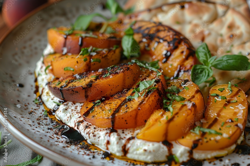 An inviting plate featuring fluffy whipped ricotta, topped with succulent roasted peaches and served with crunchy pita slices. Artistically drizzled with balsamic reduction and garnished with vibrant An inviting plate featuring fluffy whipped ricotta, topped with succulent roasted peaches and served with crunchy pita slices. Artistically drizzled with balsamic reduction and garnished with vibrant