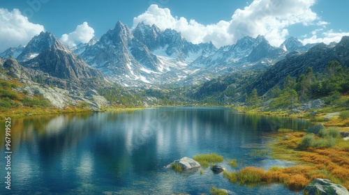 Serene mountain landscape with a reflective lake and vibrant foliage.