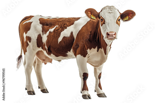 A high-quality, full-body image of a brown and white cow, isolated on a transparent background.