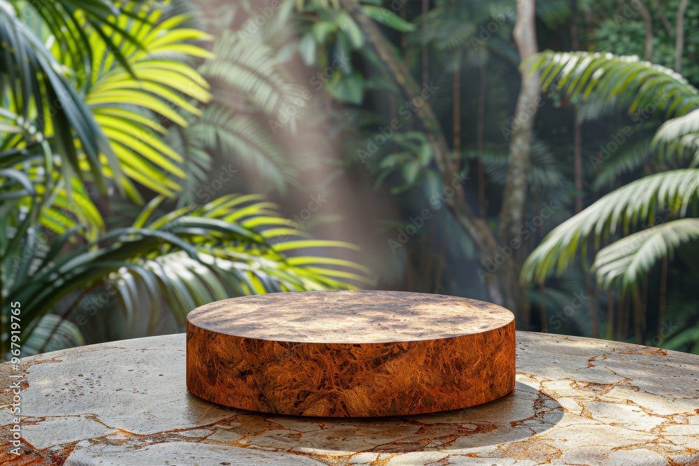 A round wooden table with a stone base and a palm tree in the background A round wooden table with a stone base and a palm tree in the background