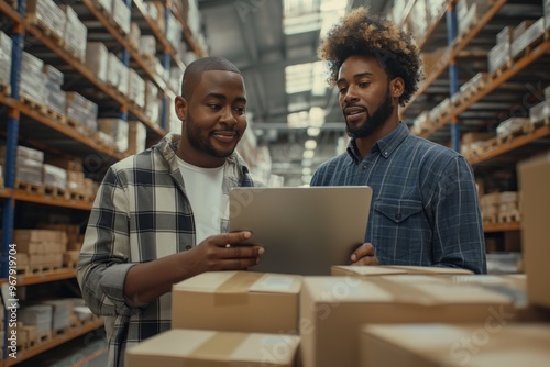 Warehouse manager talking. checking product in warehouse, Logistic industry concept. warehouse. employees. delivery and dispatch of goods and parcels. checking the necessary goods in the warehouse