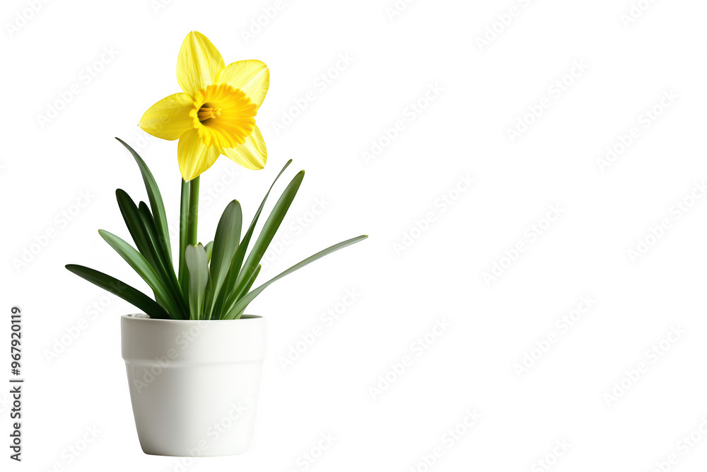 A vibrant yellow daffodil in a white pot, symbolizing beauty and nature. A vibrant yellow daffodil in a white pot, symbolizing beauty and nature.