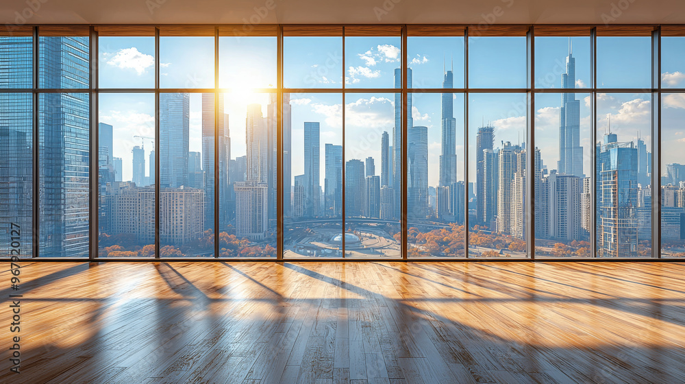 Fototapeta premium A large window in a modern office provides a stunning view of a city skyline.
