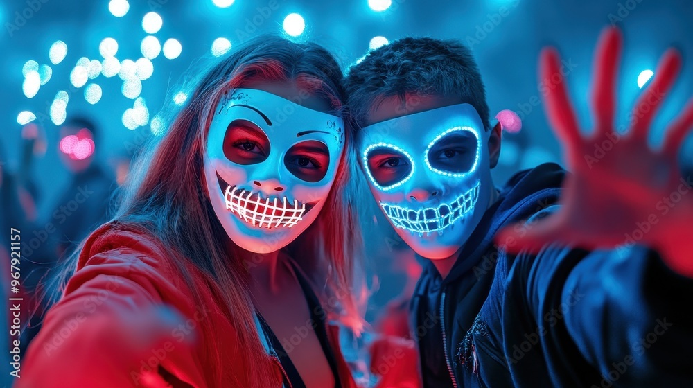 A vibrant party scene featuring two friends wearing illuminated skull masks that radiate energy and excitement under neon lights. A vibrant party scene featuring two friends wearing illuminated skull masks that radiate energy and excitement under neon lights.