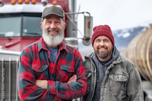 Father and son satisfied trucker. family business. long distance cargo delivery. son does the same thing as father. truck drivers