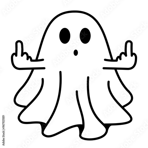 Ghost showing middle finger icon. Cute ghost character. Funny surprised ghost sign. Design element for logo, badges, banners, labels, posters photo