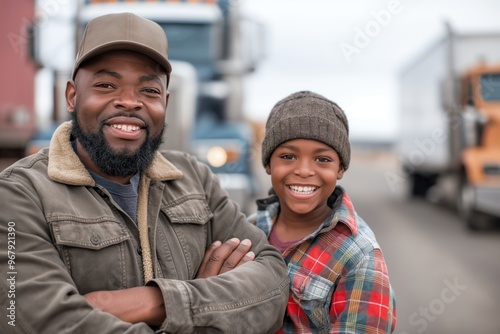 Father and son satisfied trucker. family business. long distance cargo delivery. son does the same thing as father. truck drivers