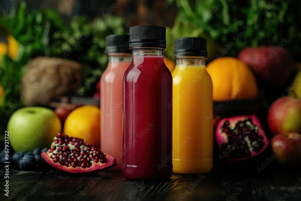 Three Bottles of Juice with Pomegranate and Fruits Three Bottles of Juice with Pomegranate and Fruits